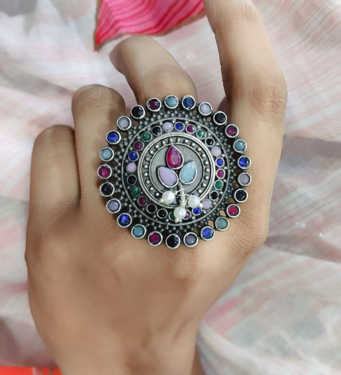 Jewels Maze - Radiant Chromatic Oxidised Silver Ring with Round Multi-Color Stones