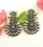 Silver Plated Designer Half Flower Brass Oxidised Dangler Earrings