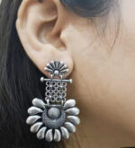 Silver Plated Designer Half Flower Brass Oxidised Dangler Earrings